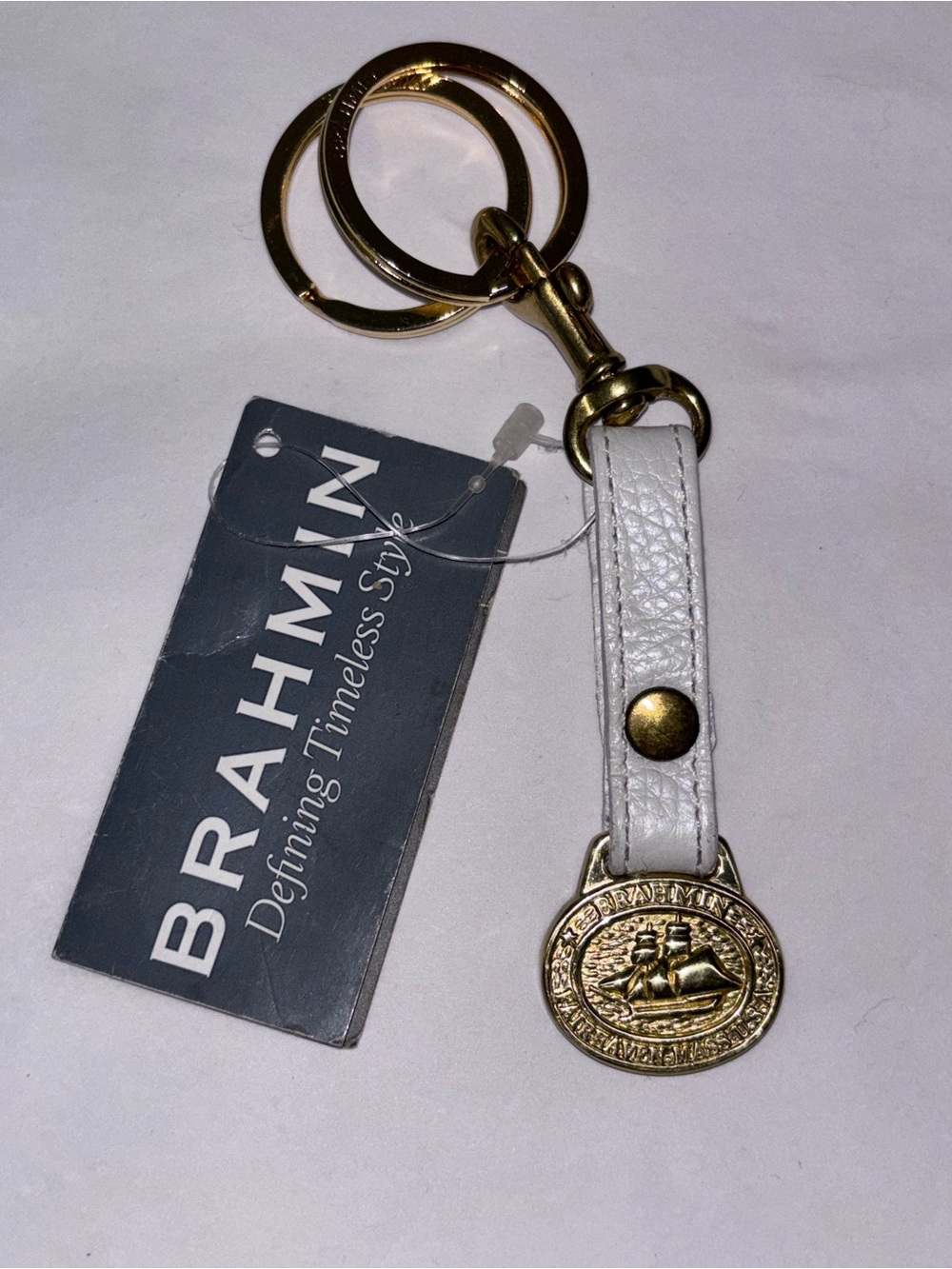 Brahmin NEW VINTAGE white leather keychain fob purse bag charm w/ original tag
